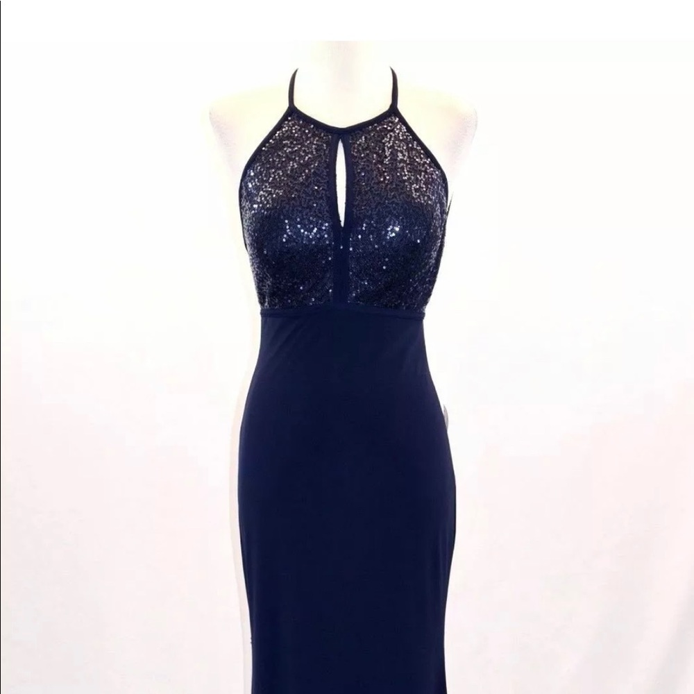 High Neck with Keyhole Sequined Navy halter long gown open low back